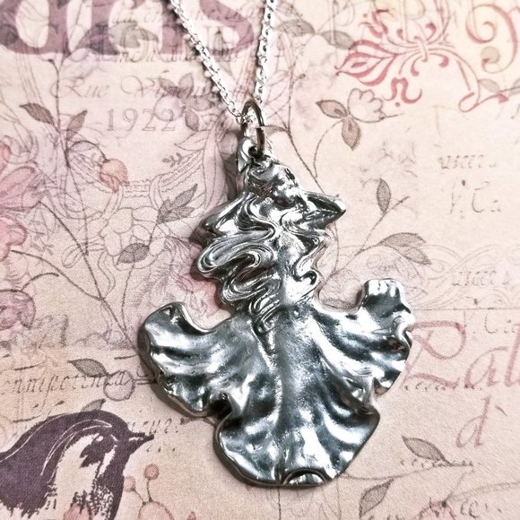 Baroque Vintage Jewelry - Art Nouveau Pewter Goddess Pendant Necklace